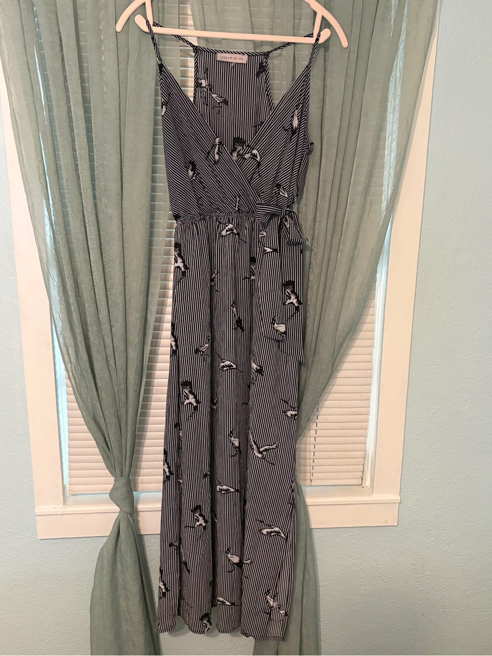 Striped Black & White Bird Print One-Piece Dress